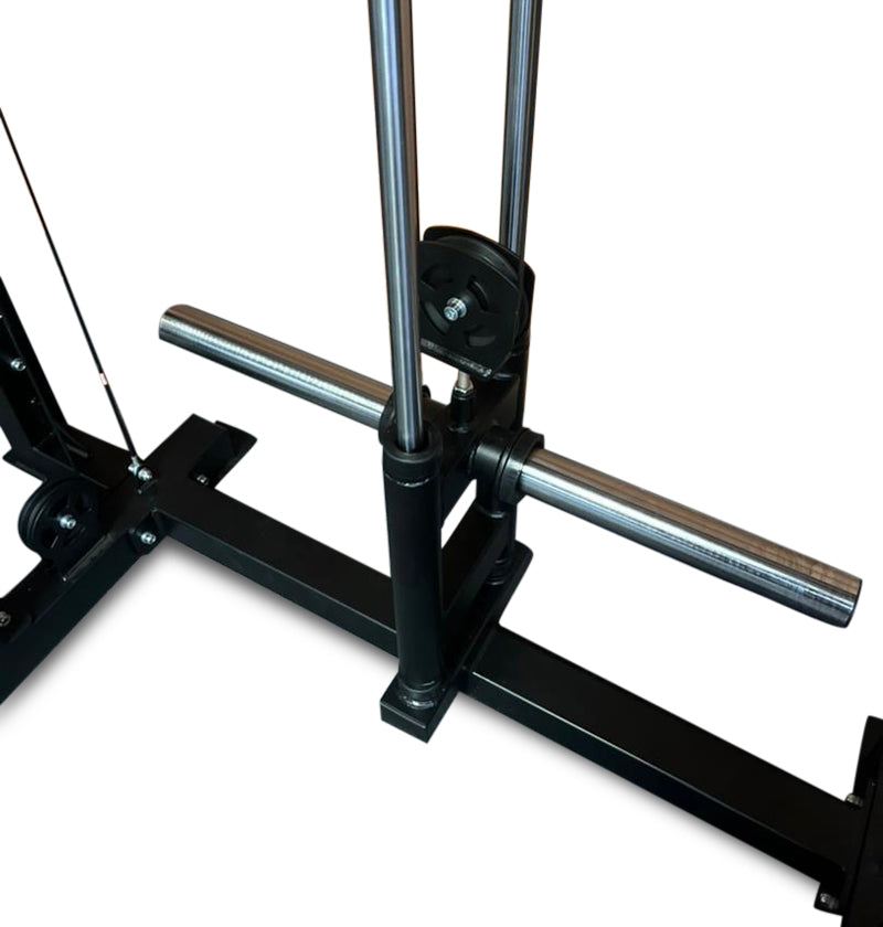Black and white depiction of a squat rack, highlighting a power cage with an integrated plate-loaded functional train
