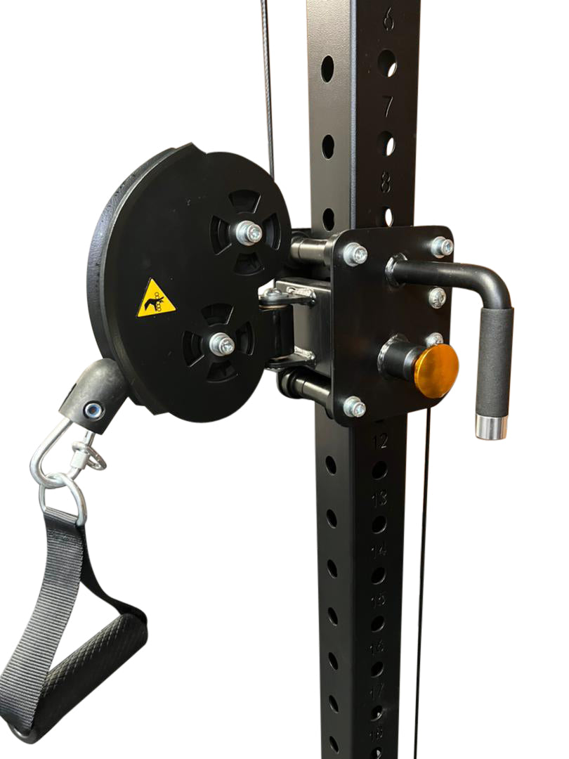A power cage with a pull-up bar, displaying a yellow safety tag for safety compliance.