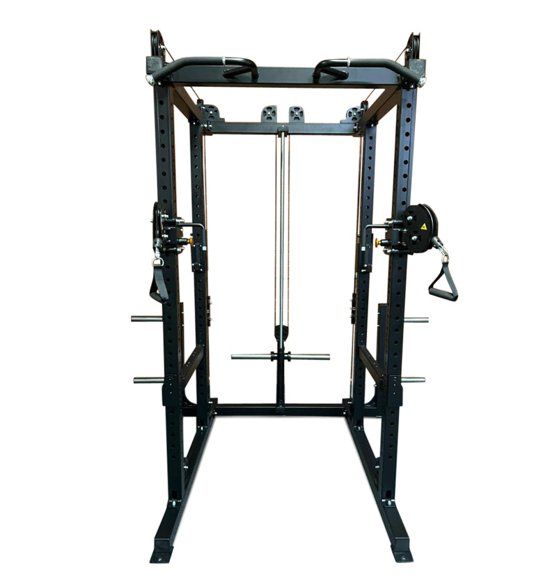 A black power rack featuring two bars, designed for plate-loaded functional training.