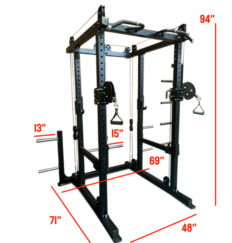 Power rack illustration showing height and width dimensions, specifically designed for a functional trainer machine.