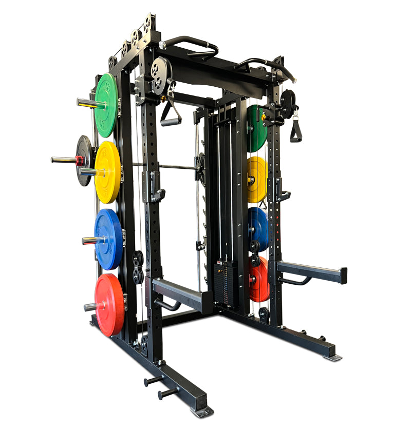 A Smith Functional Double Sided squat rack loaded with multiple weight plates for strength training exercises.