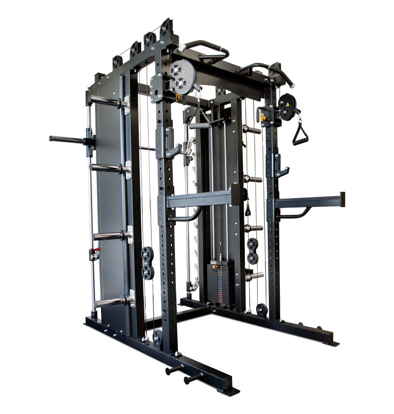 A black and white depiction of a Functional Trainer Squat Rack, illustrating gym equipment for various strength workouts.