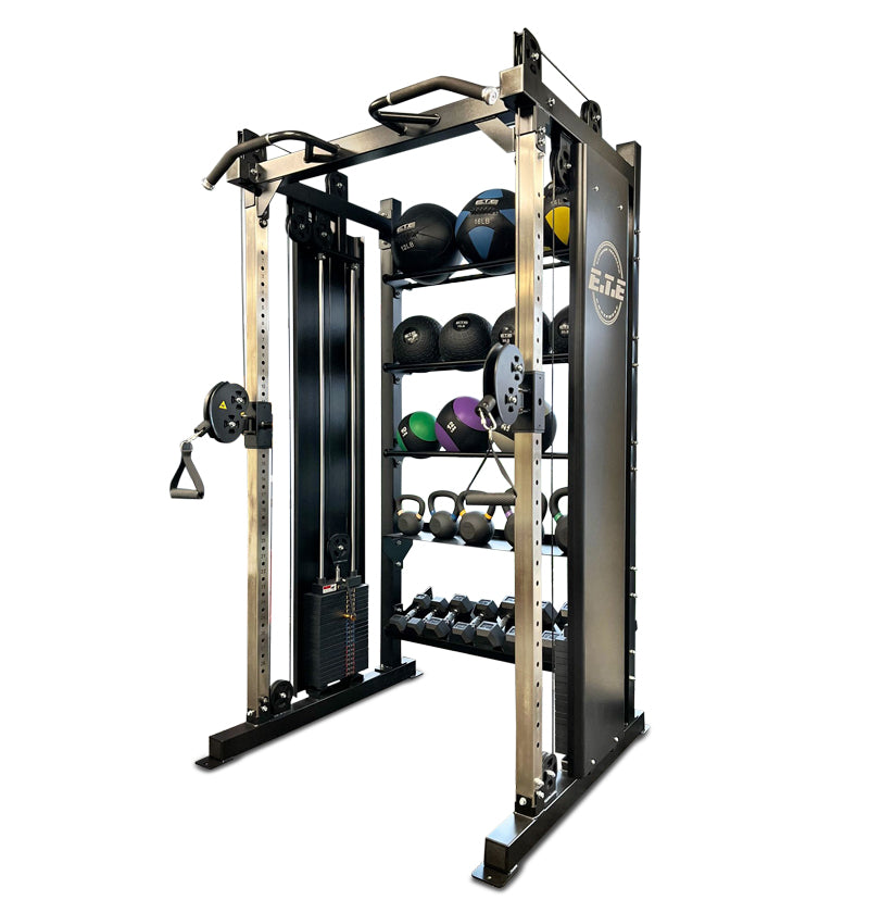 A gym equipment rack displaying various weights and dumbbells, labeled as a Functional Trainer with Storage.