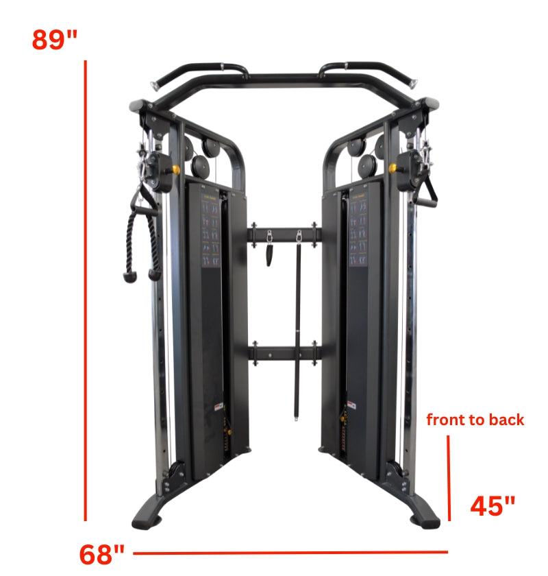 Front perspective of the Functional Trainer Dual Cable Machine, highlighting its features and dimensions for fitness enthusiasts.
