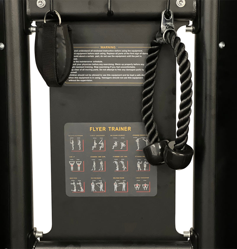 A black exercise machine featuring a rope attachment for strength training workouts.