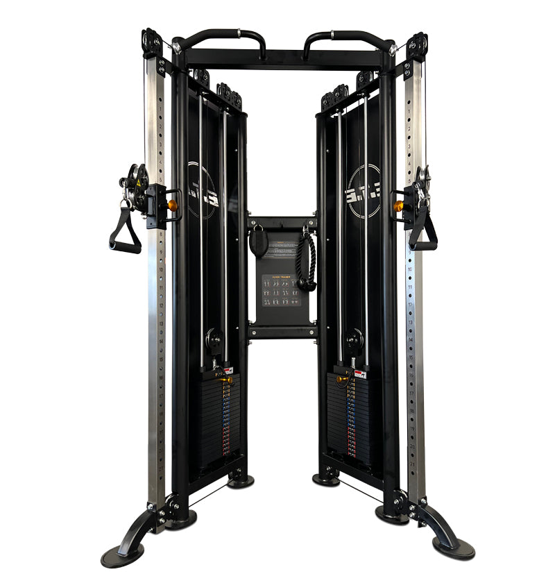 A functional trainer machine with multiple adjustable components for versatile strength training exercises.