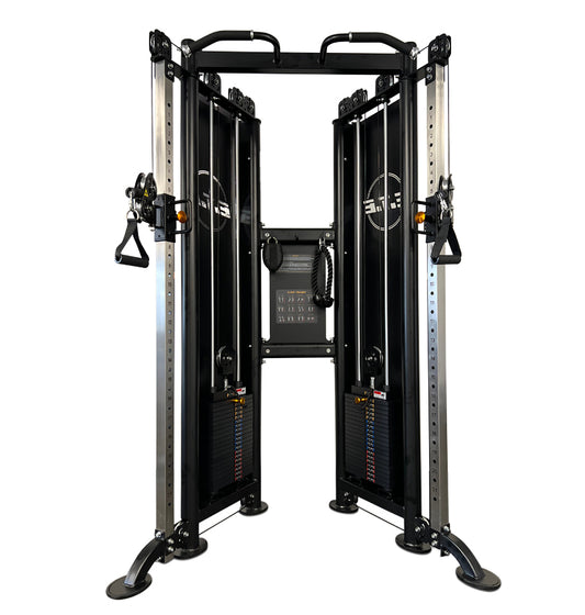 A functional trainer machine with multiple adjustable components for versatile strength training exercises.