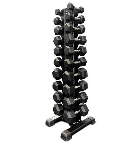 A black vertical dumbbell rack holding four weights, organized for easy access in a fitness setting.