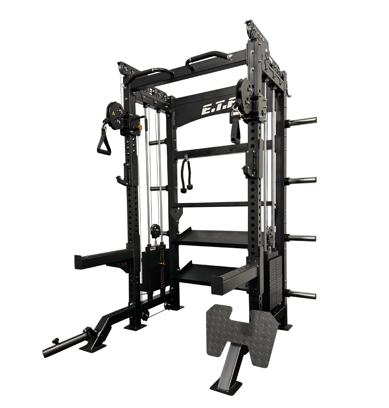 ETE power rack, an all-in-one half rack with functional trainer, suitable for multiple strength training exercises.