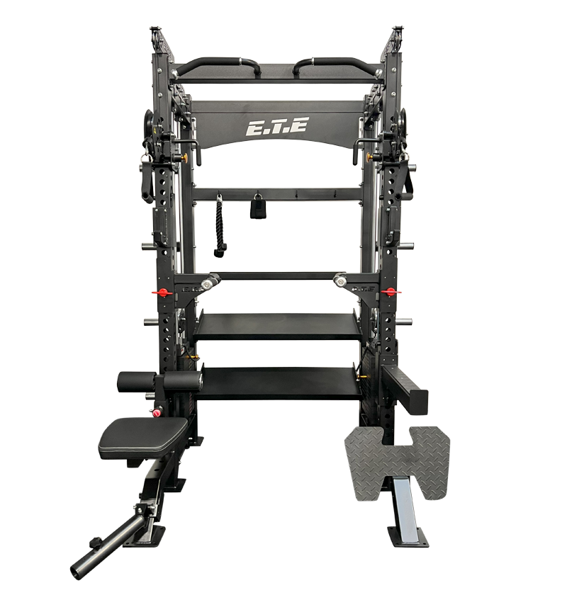 All-in-one half rack and functional trainer, designed for use with a bench press in e-sport training.