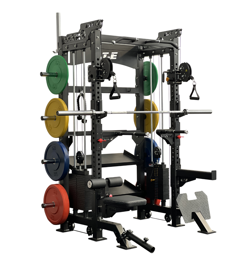 Power rack featuring a range of weights, ideal for versatile strength training and functional workouts.