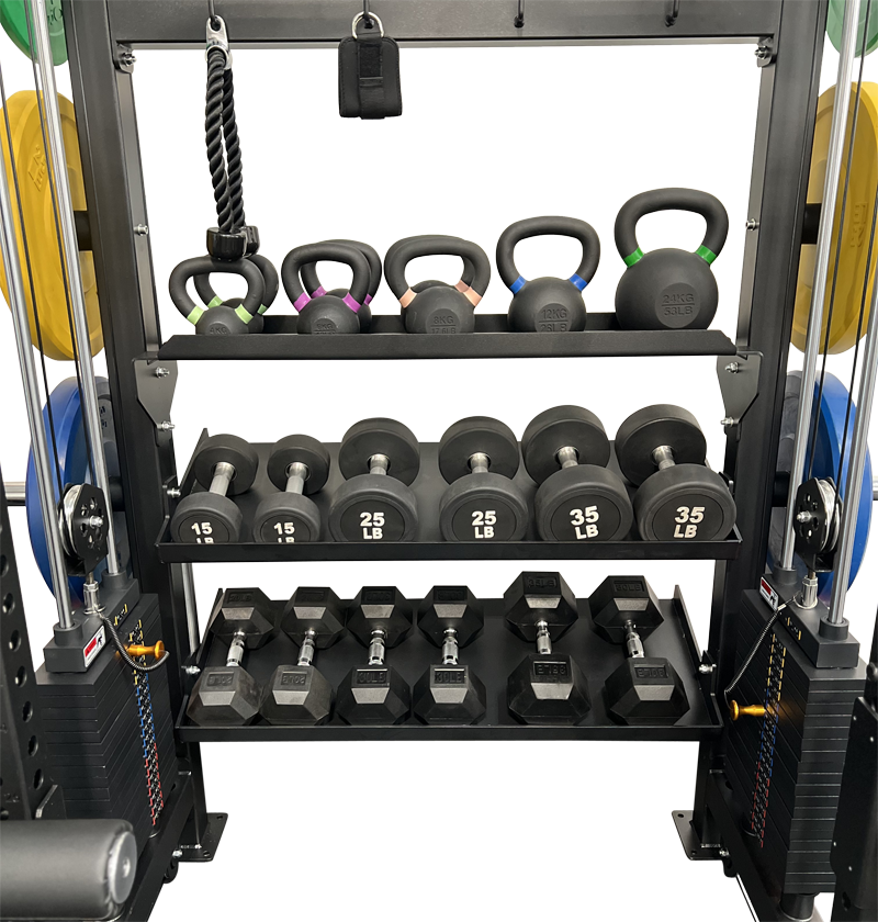 Black gym equipment rack featuring weights and dumbbells, designed as an all-in-1 half rack with functional trainer.