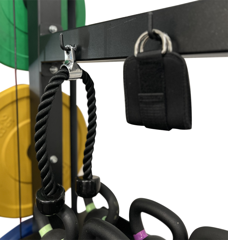An All-in-1 Half Rack with Functional Trainer featuring a black and white rope for various exercise options.