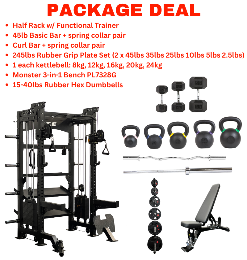Comprehensive gym equipment set including an All-in-1 Half Rack with Functional Trainer for diverse fitness routines.
