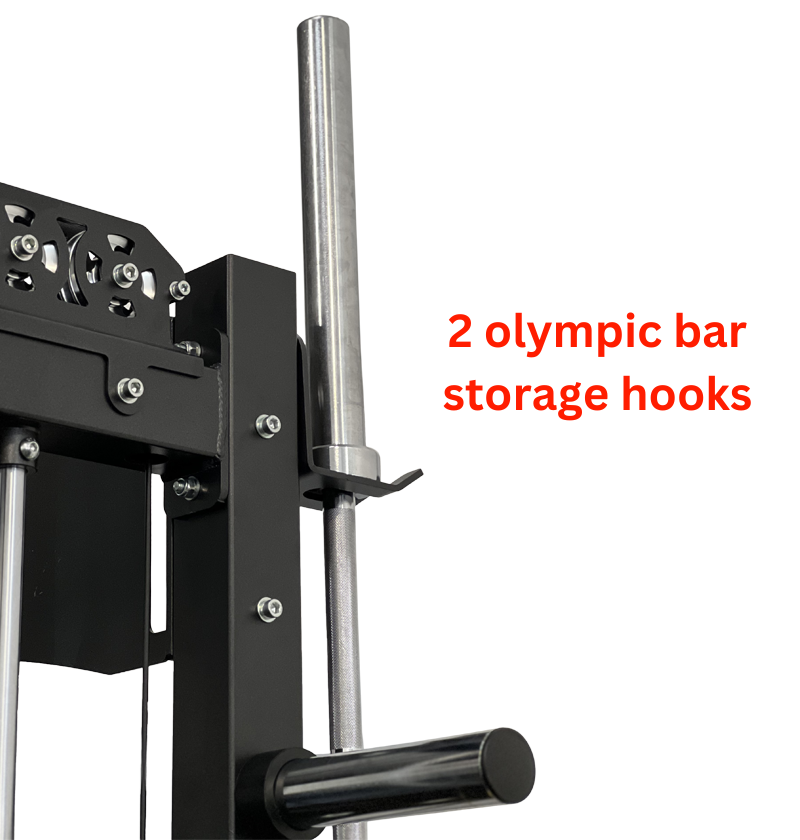 Two Olympic bar storage hooks displayed on an All-in-1 Half Rack with Functional Trainer, emphasizing efficient gym setup.
