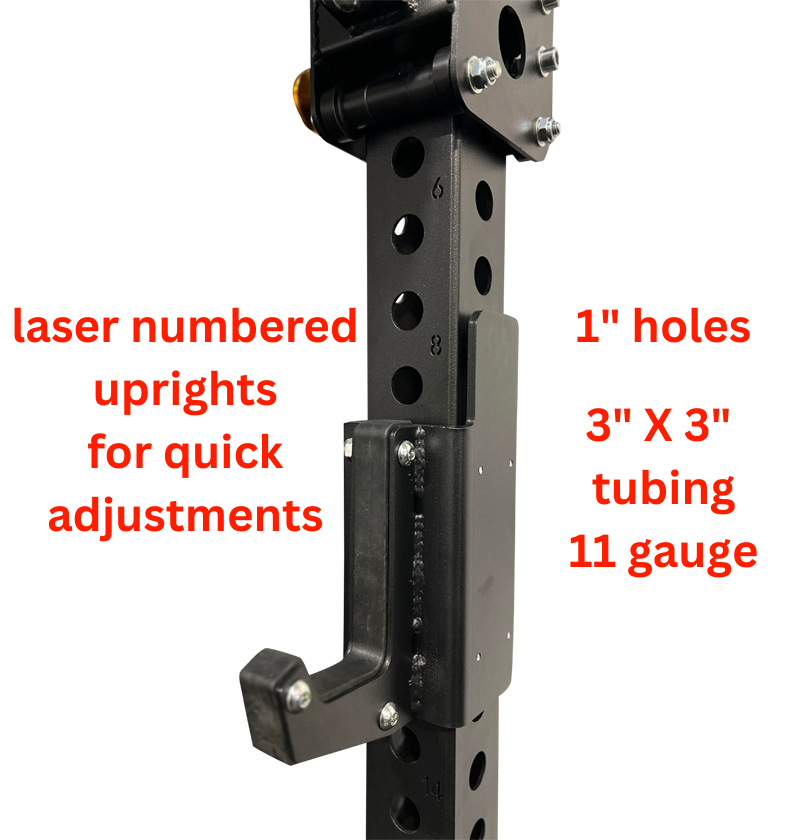 A metal stand displaying a laser number, part of an All-in-1 Half Rack with Functional Trainer setup.