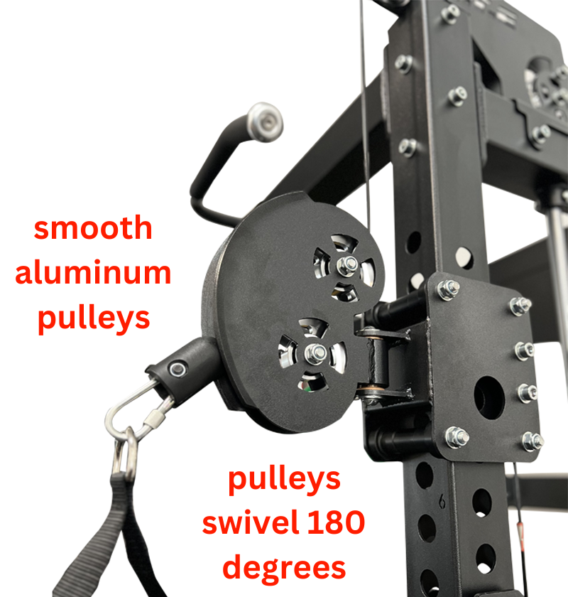 Pulley system of an aluminum puller on an All-in-1 Half Rack with Functional Trainer, showcasing its smooth operation.