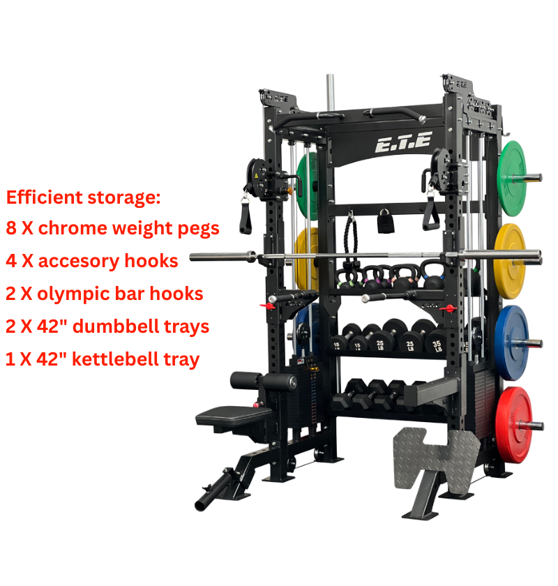 Versatile all-in-one half rack featuring a squat machine, dip attachment, and lat attachments for comprehensive workouts.