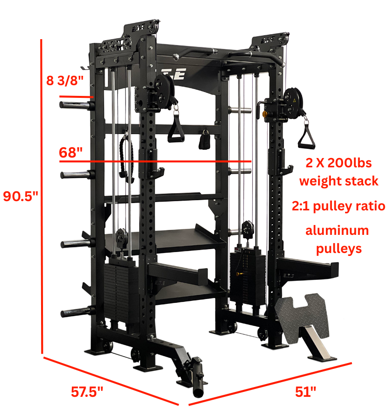 Size specifications of the All-in-1 Half Rack with Functional Trainer, highlighting its features for fitness enthusiasts.