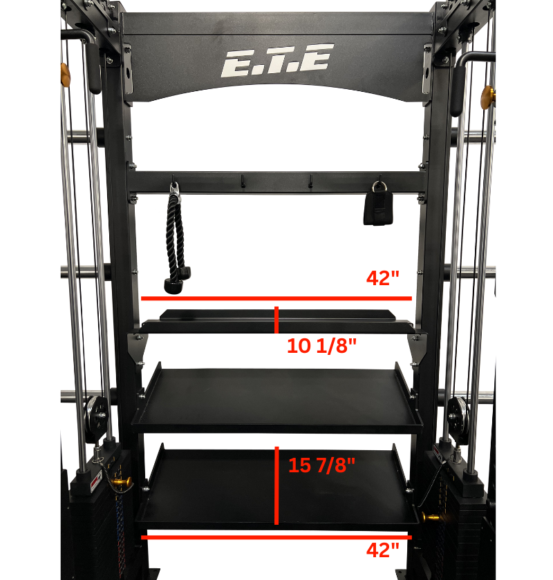 All-in-one half rack with functional trainer shown, including detailed measurements of the elite fitness equipment rack.