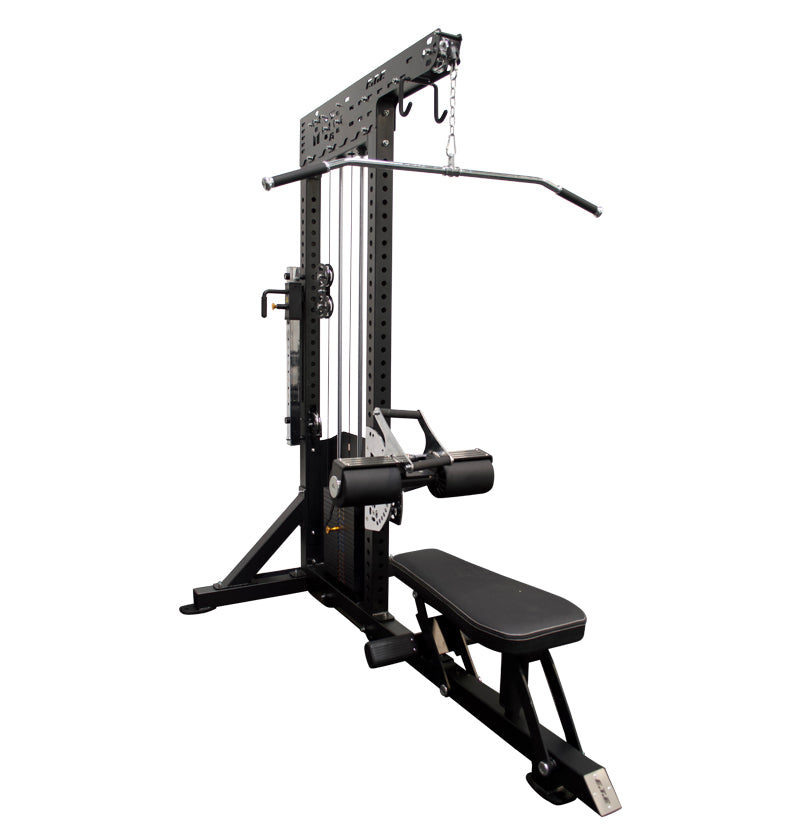 Lat Pulldown Low Row machine in black with a pull-up bar, offered for pre-order for gym enthusiasts.