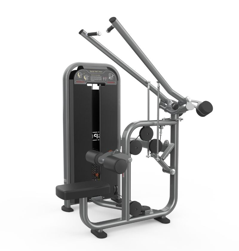 A gym machine, the PL7704 Lat Pulldown, includes a pull-up bar and a squat rack for comprehensive strength training.