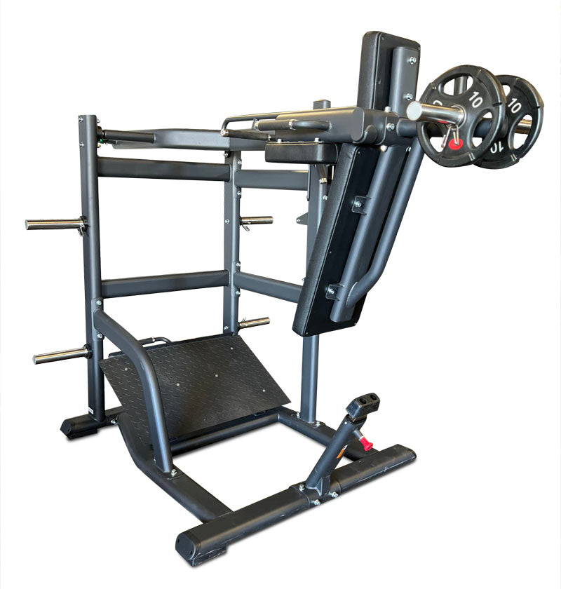 Pendulum squat machine in a gym, equipped with a barbell for effective lower body workouts.