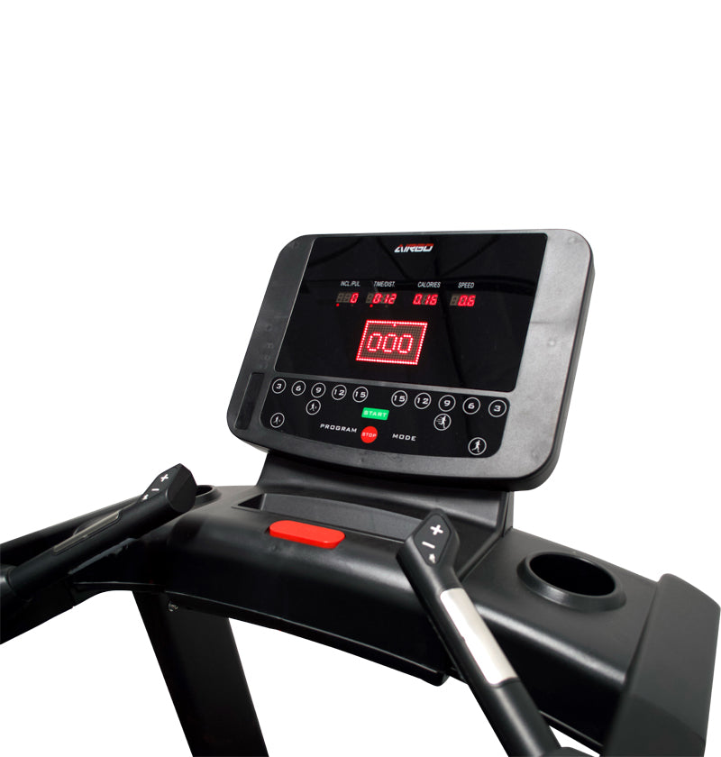 AirGo Treadmill M8400 with a digital monitor positioned on top, designed for home fitness use.