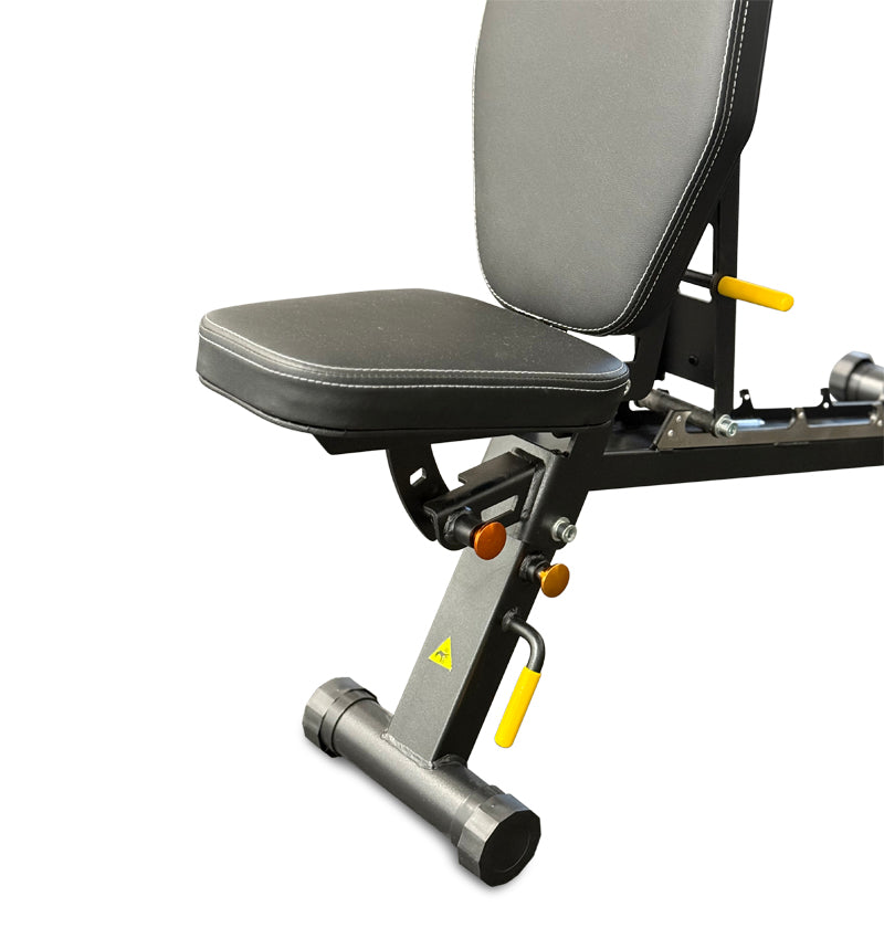 foldable incline bench with cushioned seat and backrest on a white background.