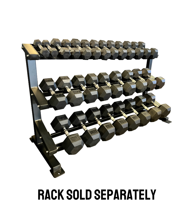 A rack displaying a set of Rubber Hex Dumbbells in various weights, organized for easy access during workouts.