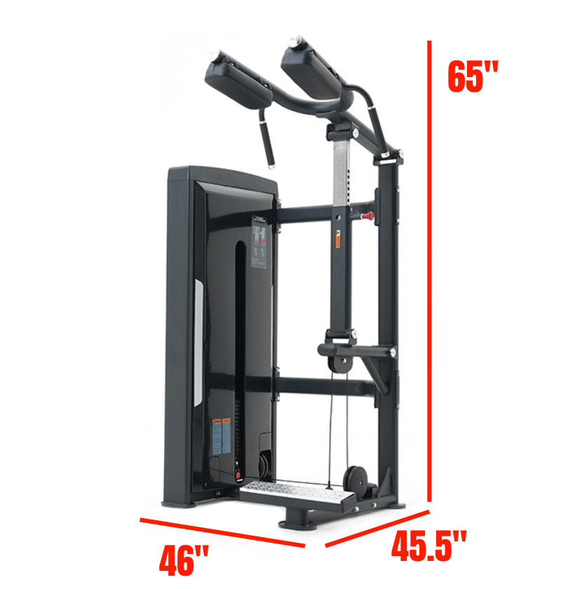 Black standing calf raise machine with dimensions labeled on a white background