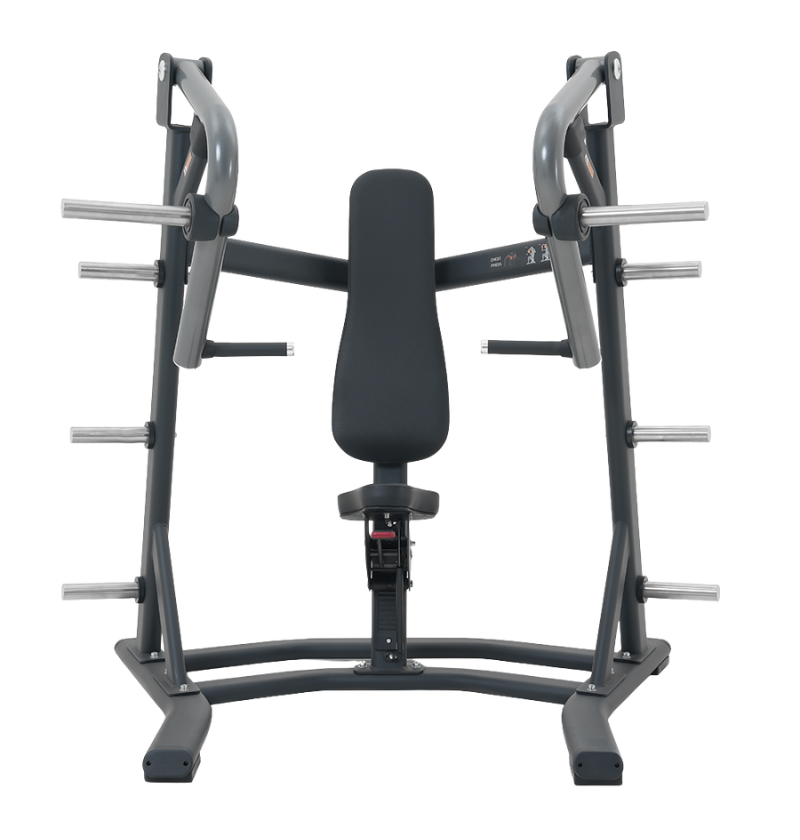Black plate loaded chest press machine on a white background