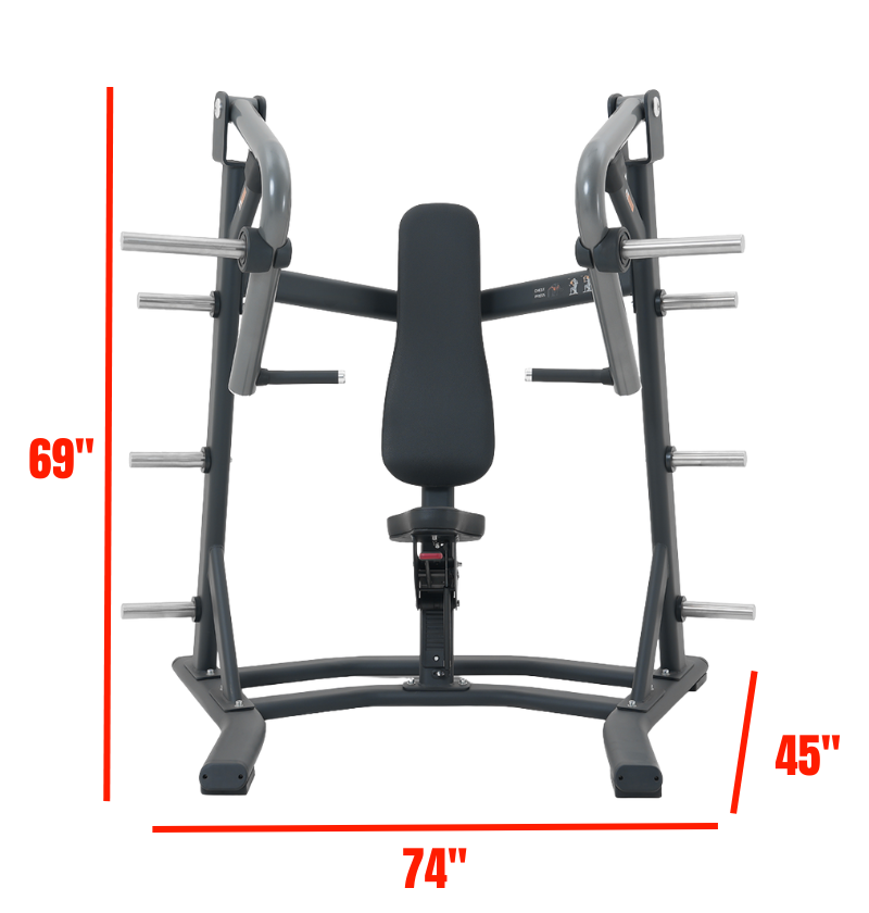 Black plate loaded chest press machine with dimensions labeled on a white background