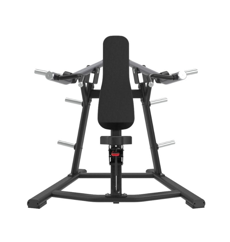Black plate loaded shoulder press machine on a white background
