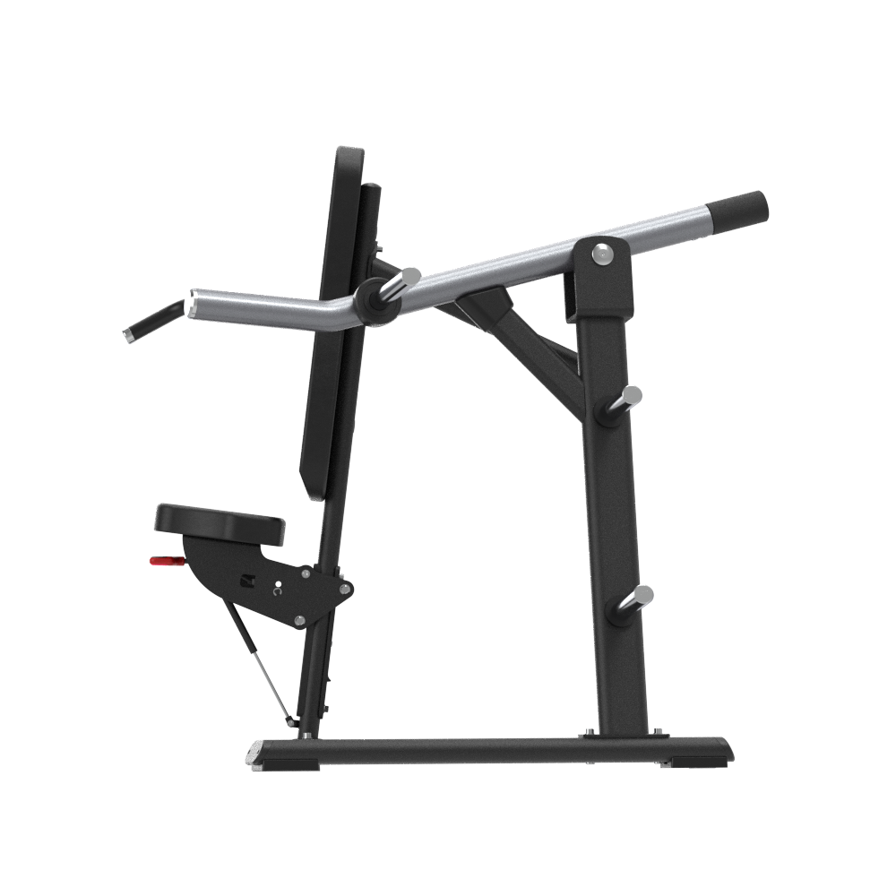 Plate loaded shoulder press machine with black and silver frame on a white background