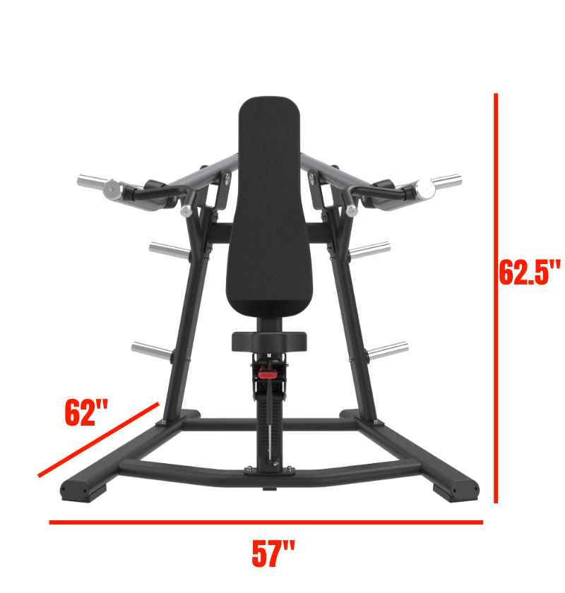Black plate loaded shoulder press machine with measurements on a white background