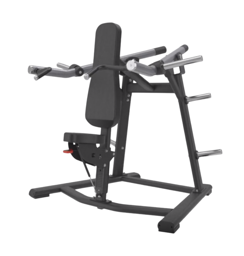 Black plate loaded shoulder press machine on a white background