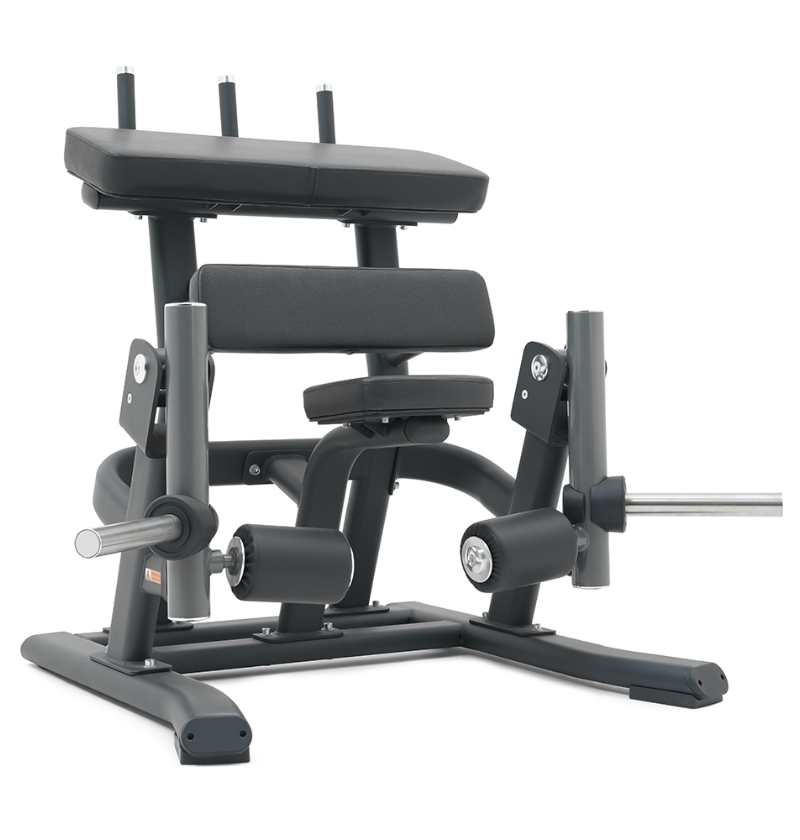 Black plate loaded standing leg curl machine machine on a white background