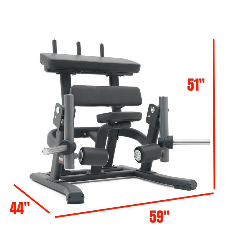 Black plate loaded standing leg curl machine machine with dimensions labeled on a white background