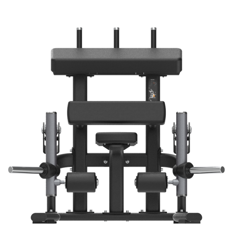 Black plate loaded standing leg curl machine machine on a white background