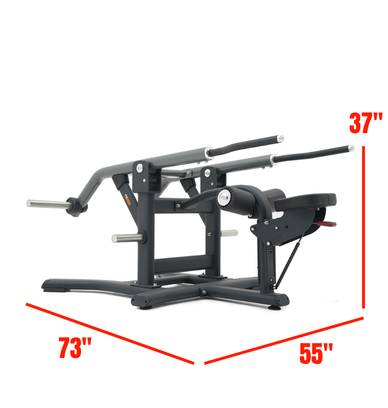 Black plate loaded tricep pressdown machine with dimensions on a white background