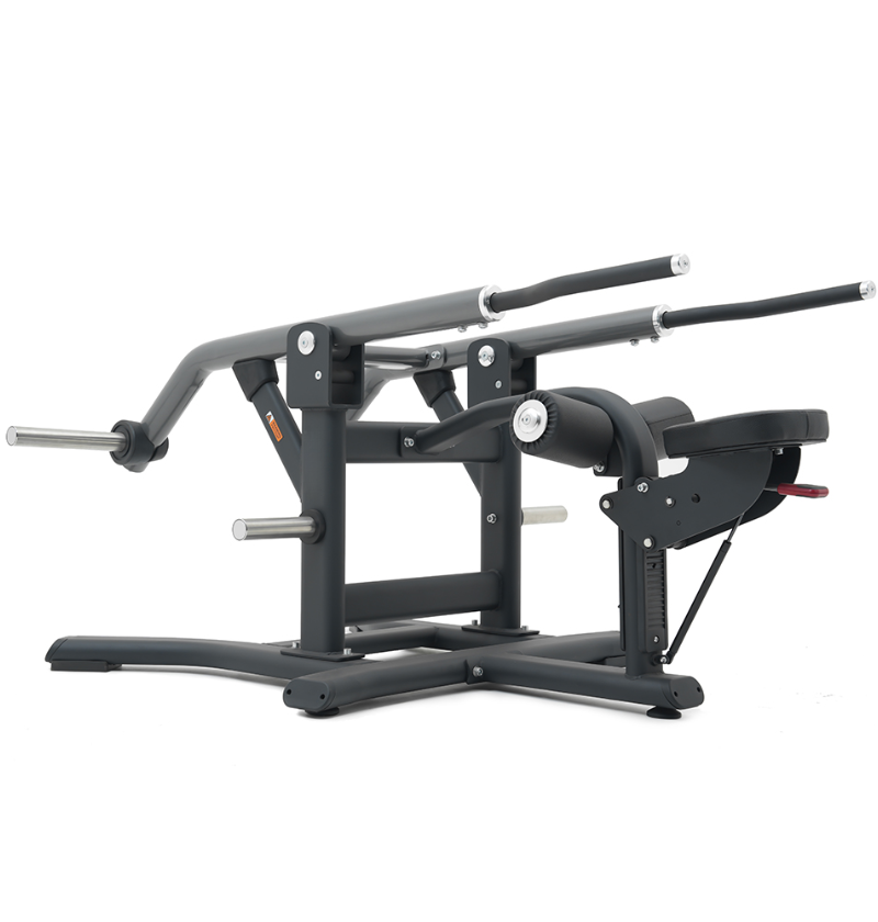 Black plate loaded tricep pressdown machine on a white background