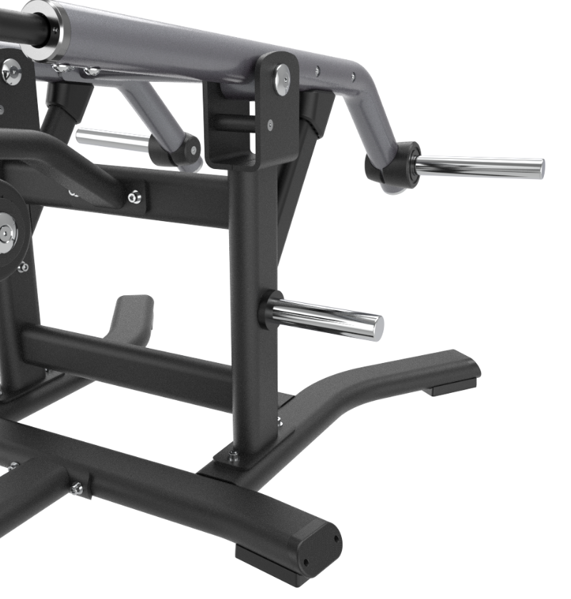 Close-up of a black plate loaded tricep pressdown machine on a white background