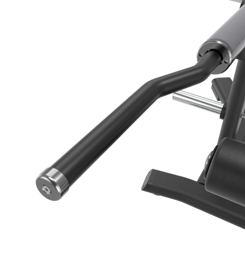 Close-up of a black plate loaded tricep pressdown machine's handle on a white background