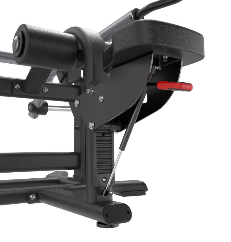 Close-up of a black plate loaded tricep pressdown machine's seat on a white background