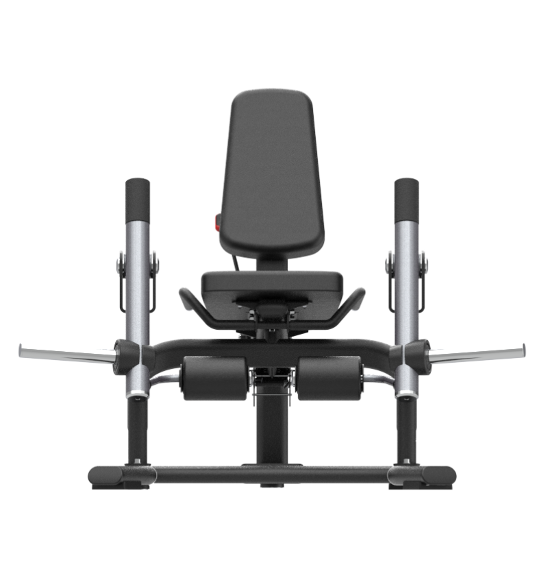 Black plate loaded leg extension machine on a white background