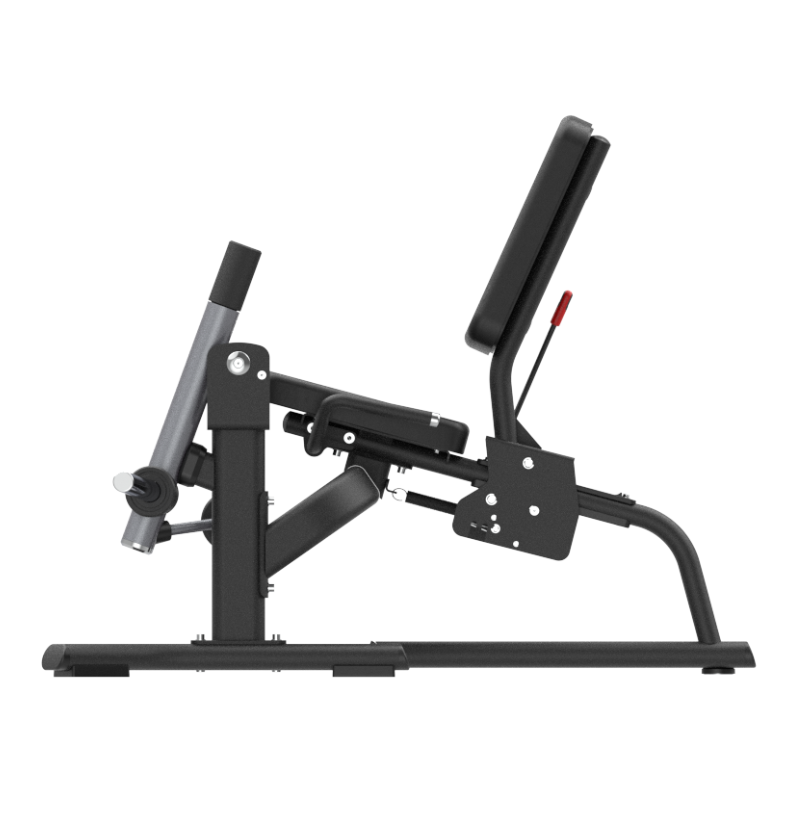 Black plate loaded leg extension machine on a white background