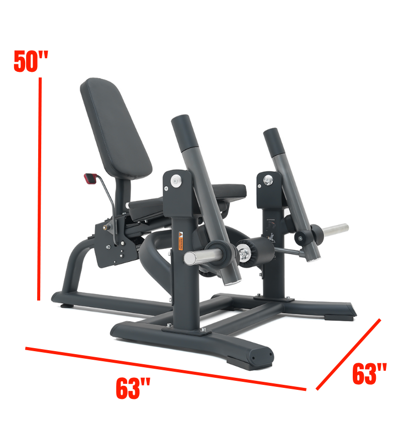Black plate loaded leg extension machine with dimensions indicated on a white background