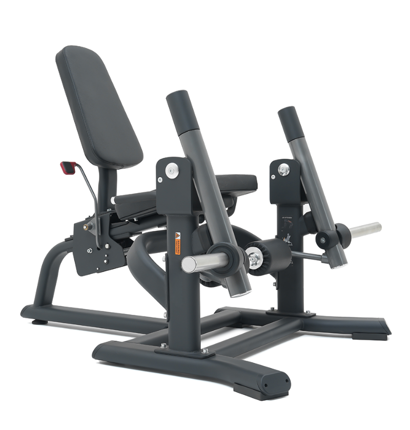 Black plate loaded leg extension machine on a white background