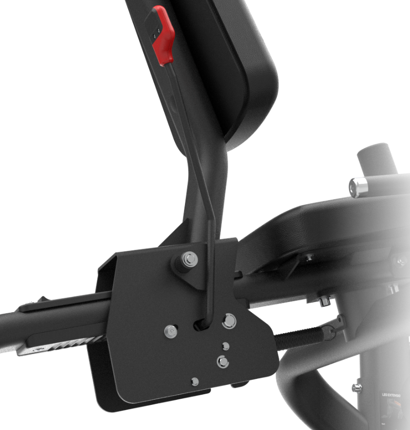 Close-up of a black plate loaded leg extension seat machine on a white background